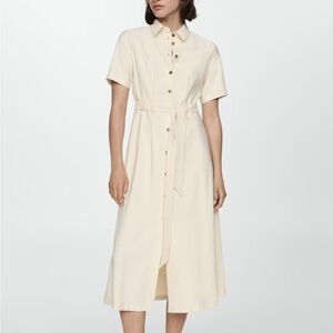 Mango Cream Midi Bow Shirt Dress Belted